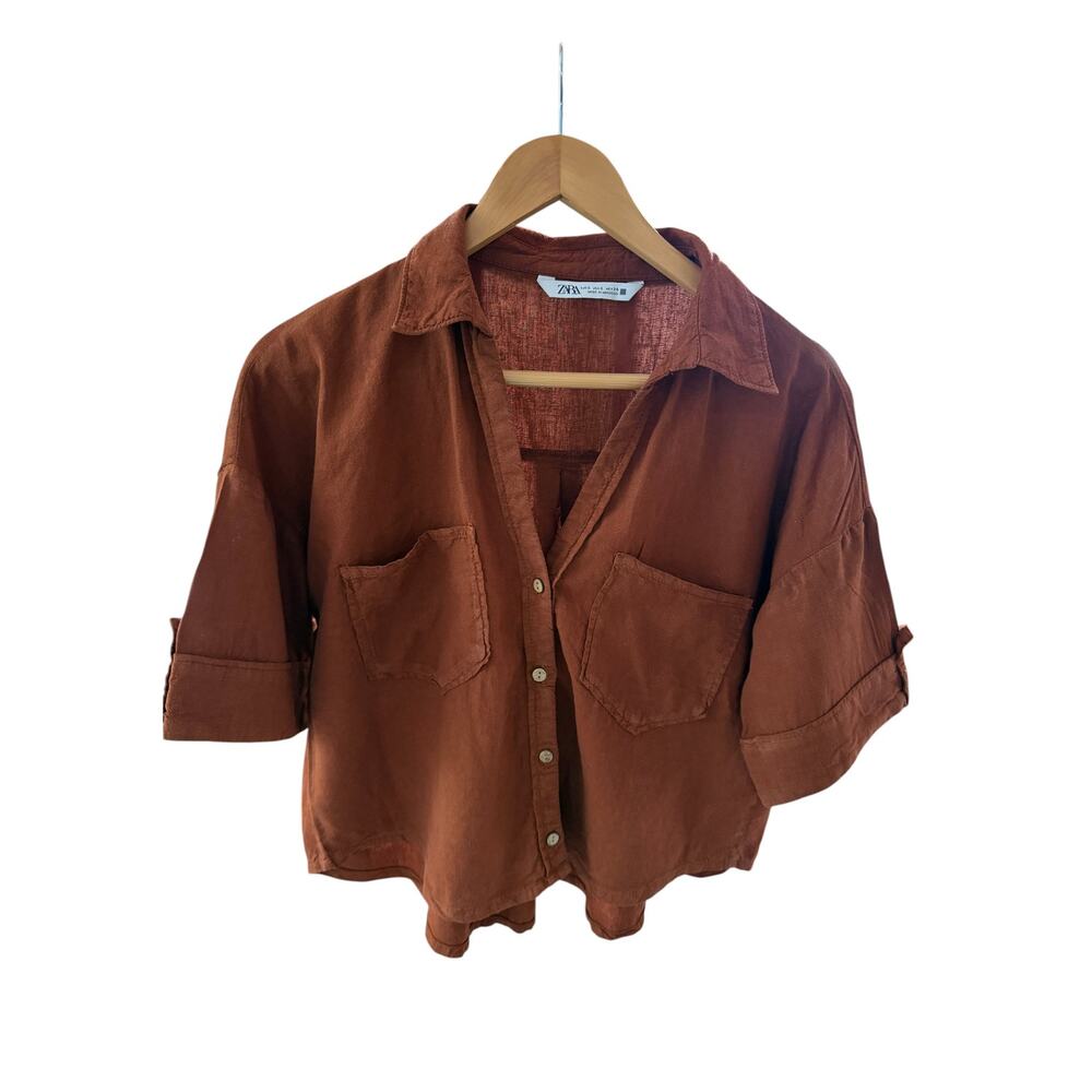 Zara Rust Button-Down Cropped Blouse